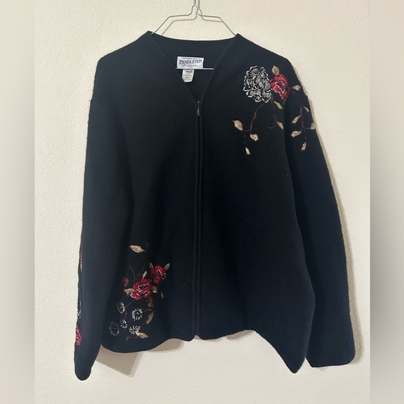 Pendleton Black Cardigan Red Floral Embroidered Sz 2XL Merino Wool Jacket Zip Up - Picture 1 of 7
